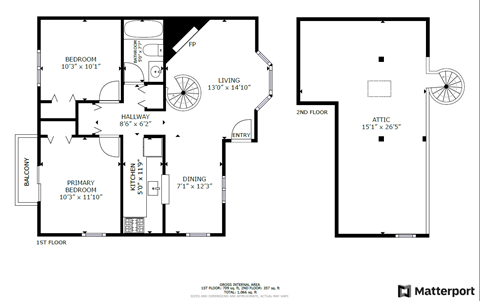 A floor plan of a two-story residential building with a garage and a balcony.